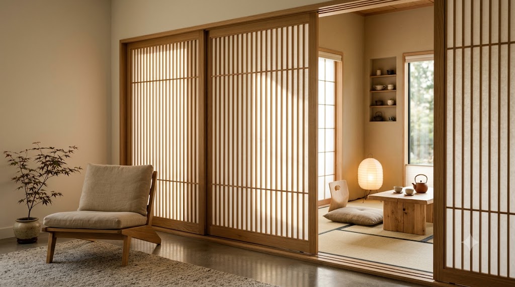 Shoji Screen Inspired Sliding Slatted Wood Room Dividers